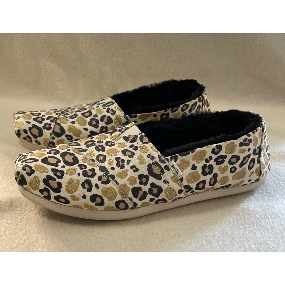 TOMS ALPARGATA NATURAL GLITTER CHEETAH FAUX FUR LINED SLIP ON SHOES SIZE 7.5